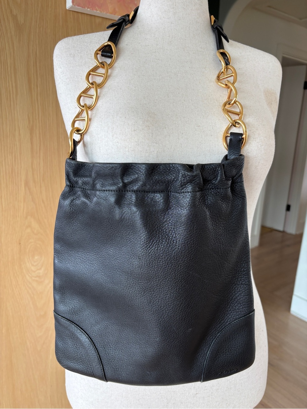 Prada Black Leather Tote with Gold Chain Shoulder Strap